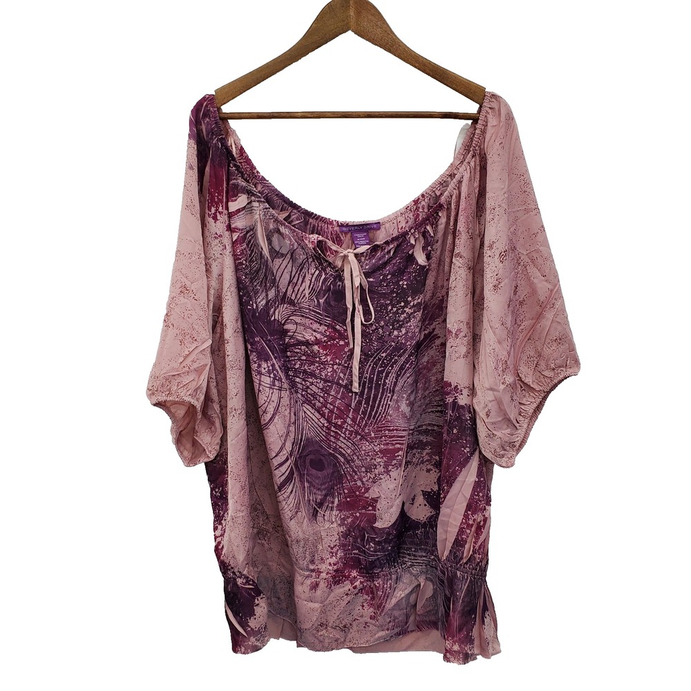 Beverly Drive Womens 24W 26W‎ Purple Feather Print Peasant Blouse Boho